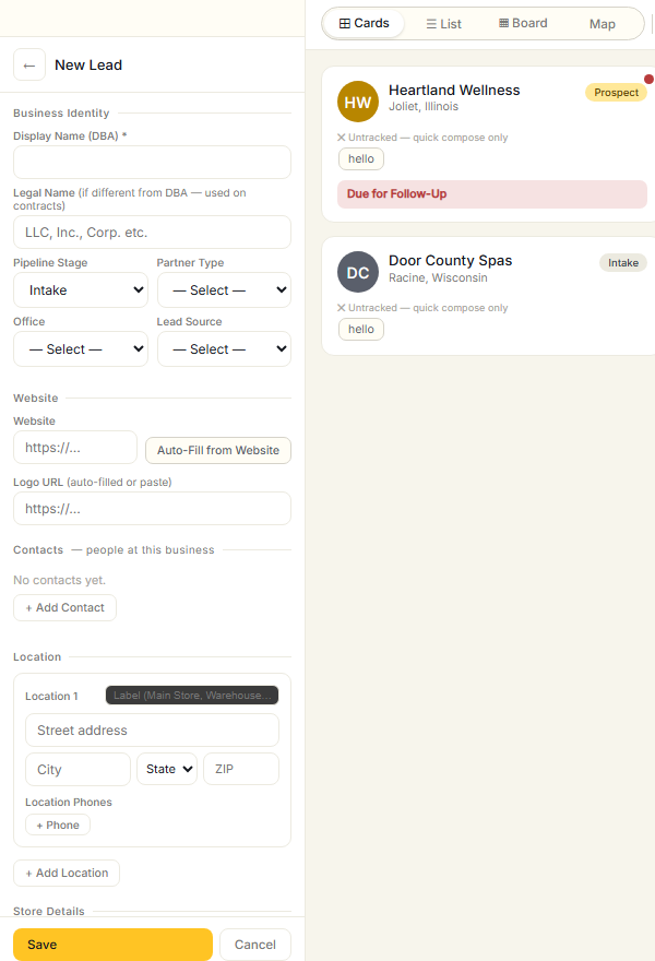 The Region Pilot new-lead form with the Auto-Fill from Website button that drafts a dealer profile from their site.