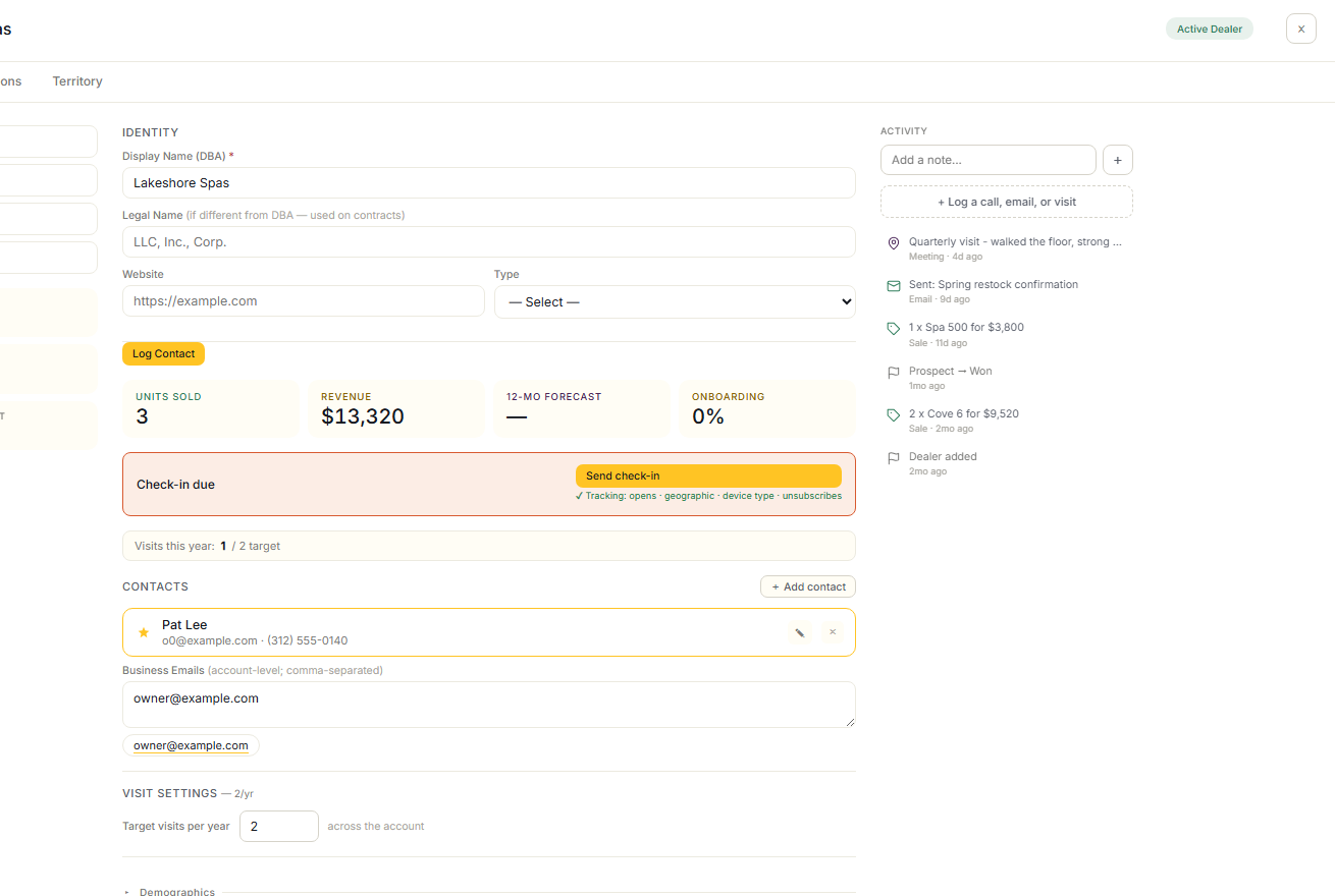 A dealer profile in Region Pilot: contact details, sales numbers, and the activity timeline showing visits, emails, a sale, and a stage change.