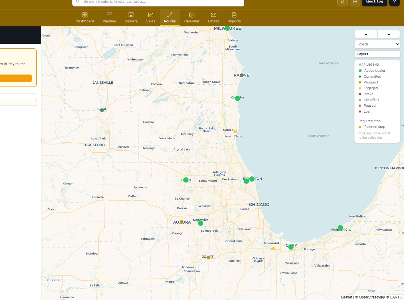The Region Pilot map with a Chicago-area territory of dealers plotted and color-coded by status.