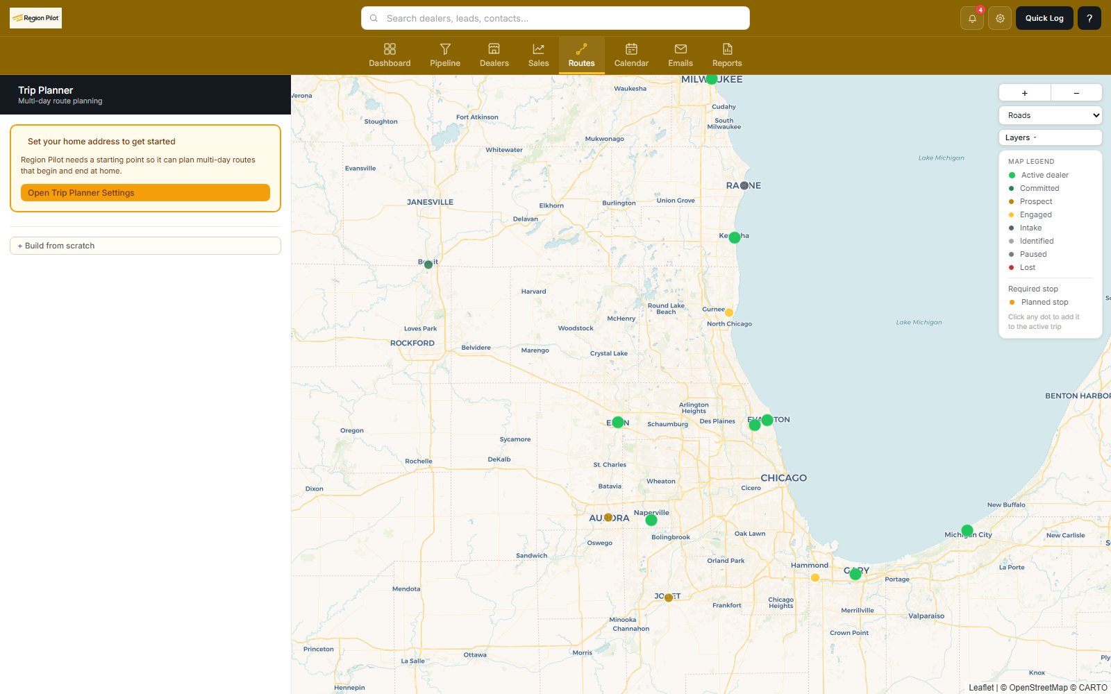 Region Pilot planning a week of dealer visits across a Chicago-area territory: the trip planner rail, the live map, and the color-coded dealer legend.